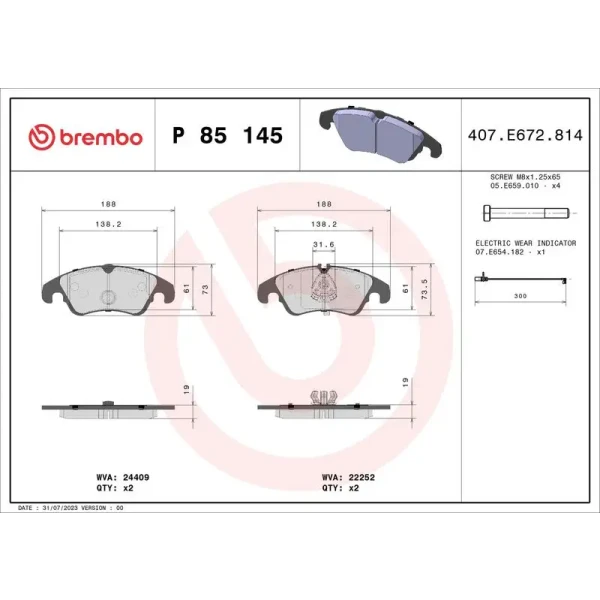 Brembo Ön Fren Balatası – P85145 / OEM 4G0698151AA
