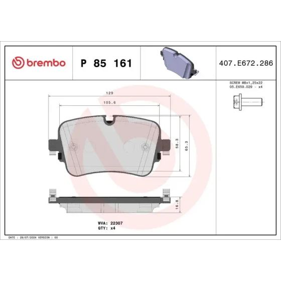 Brembo Arka Fren Balatası – P85161 / OEM 4M0698451F ürün görseli