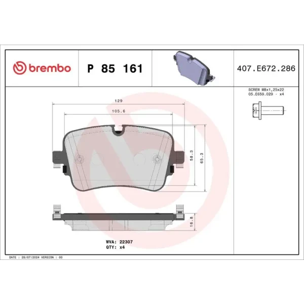 Brembo Arka Fren Balatası – P85161 / OEM 4M0698451F