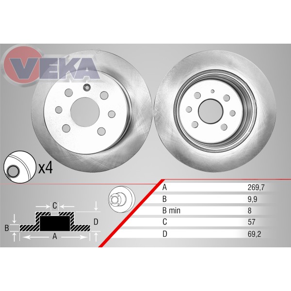 WAGEN Arka Fren Diski - Duz Opel Vectra B 1.6i 4 Bijon 269, 7x9,, 2 1995-2003 - Kod 13-3214 - OEM 569117