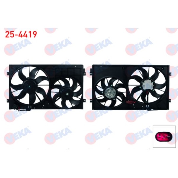 VEKA Fan Motoru - Davlumbazli Ciftli Kasa 400mm Volkswagen Golf V-vi - Volkswagen Passat 1.2 TSI - 1.4 TSI - 1.6i - 1.6 Audi TDI 03-13 / A3 1.2 - 1.4 - 1.6 03-12 / Seat Leon 1.2 TSI - 1.4 TSI - Kod 25-4419 - OEM 1K0959455DG