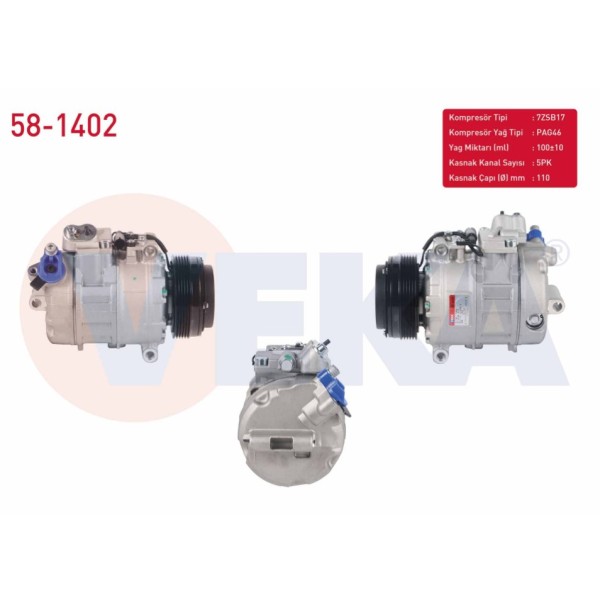 VEKA Klima Kompresoru 5pk 110mm Bmw 3 Serisi (E46) 1998-2005 / 5 Serisi (E39) 1995-2003 - Kod 58-1402 - OEM 34336871455