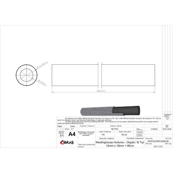 BLUEMAX Westinghouse Hortumu B / Tipi 10mm X 18mm = 80cm Renault 9 - Kod BL-11230 - OEM 7700582463 ürün görseli