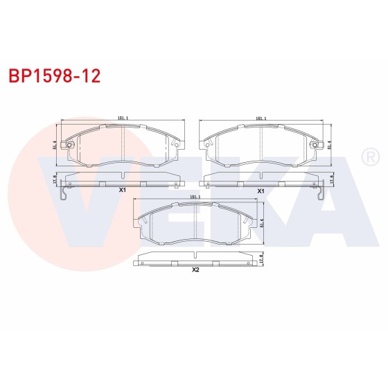 VEKA Fren Balata ON Ikazli Tel Delikli Mitsubishi L 200 (K3T, K2T, K1T, K0T) 2.5 TD 4X4 1986-1996 / L 200 (K7T, K6T) 2.0 4X4 1996-2007 - Kod BP1598-12 - OEM MN102617 ürün görseli