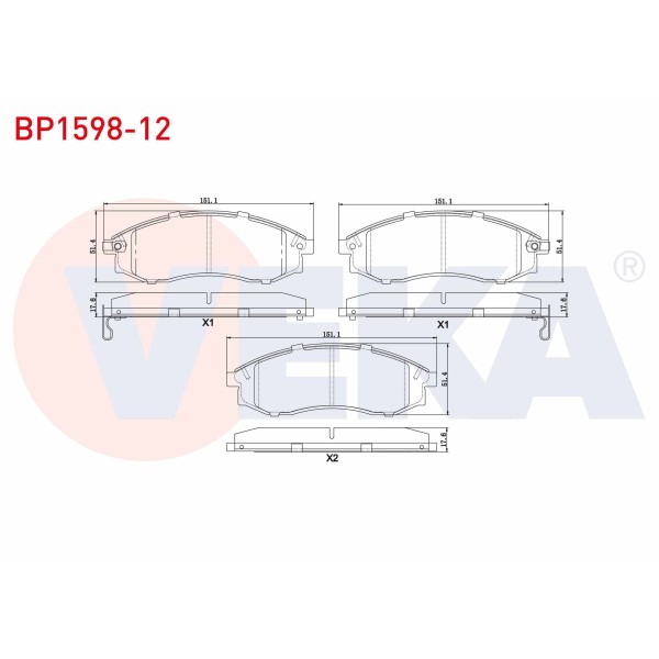 VEKA Fren Balata ON Ikazli Tel Delikli Mitsubishi L 200 (K3T, K2T, K1T, K0T) 2.5 TD 4X4 1986-1996 / L 200 (K7T, K6T) 2.0 4X4 1996-2007 - Kod BP1598-12 - OEM MN102617