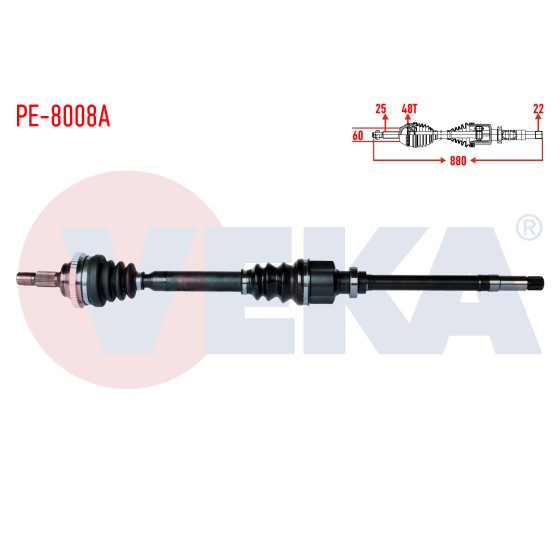 VEKA Komple Aks Sag ON Peugeot 206 (2A / C) 1.6i 16V Absli 48 Dis Uzunluk 880mm 1998-2006 - Kod PE-8008A - OEM -3273.AL ürün görseli