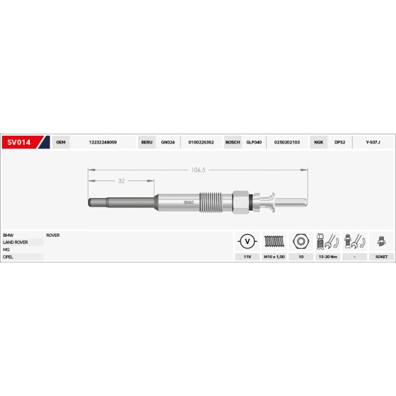 SVAC Isitma Kizdirma Bujisi 11V M47-m57 GN024 0 100 226 362 GLP040 0 250 202 103 DP32 Y-507j - Kod SV014 - OEM 93171875 ürün görseli