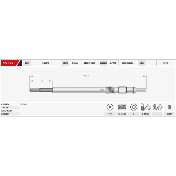 SVAC Isitma Kizdirma Bujisi 11V Land Rover Range Rover Discovery Iii-iv Sport 2.7 Td-3.6 D GN045 0 100 276 005 GLP115 0 250 203 004 - Ye-12 - Kod SV027 - OEM 1354289