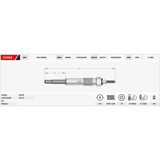 SVAC Isitma Kizdirma Bujisi Freelander 1 2.0 Dİ 11V GN999 0 100 226 238 GLP014 0 250 202 025 DP22 Y-740u - Kod SV084 - OEM NCC100050 ürün görseli