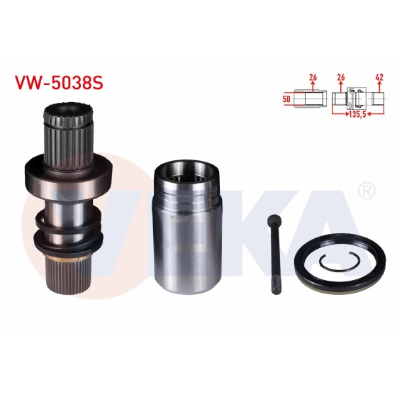 VEKA Sağ Aks Kafası - ON IC Freze EK Mili Kit Uzunluk 135, 5mm Volkswagen Transporter V 2.5 Audi TDI M-t 2003-2011 / Volkswagen Transporter VI 2.0 Audi TDI - 2.0 Bitdi 2011 - Kod VW-5038S - OEM 0A5409343 ürün görseli