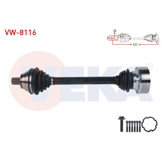 VEKA Komple Aks Sol ON Uzunluk 511mm Volkswagen Golf Vii (5g1) 1.2 TSI M-t 2012- / Volkswagen Passat (3c2) 1.6 2005-2008 / Audi A3 (8v1) 1.2 Audi TFSI M-t 2012- / Seat Leon 1.2 TSI M - Kod VW-8116 - OEM 1K0407451GX ürün görseli