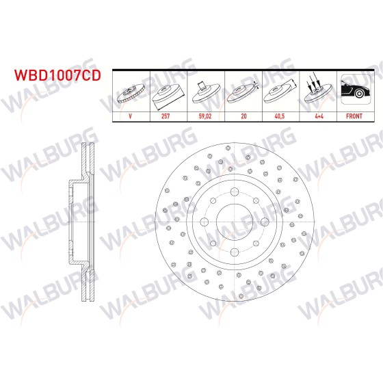 WALBURG Ön Fren Diski - Havali Kaplamali Performans Delikli 4 Bjn, 02x40, 5 Fiat Linea 1.4 2007 - OEM WBD1007CD ürün görseli