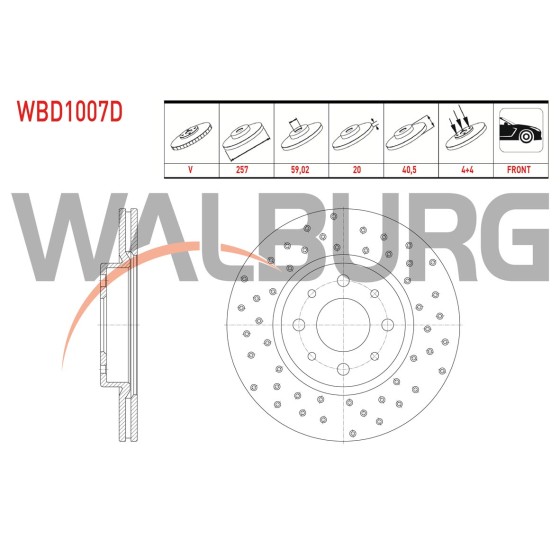 WALBURG Ön Fren Diski - Havali Performans Delikli 4 Bjn, 02x40, 5 Fiat Albea 1.3 Mjt-1.6 03-07 / Fiat Linea 1.3 Mjt-1.6 Mjt 2007- / Fiat Doblo 1.6 1.3 Mjt - Kod WBD1007D - OEM 0060806137 ürün görseli