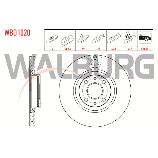 WALBURG Ön Fren Diski - Havali 4 Bjn 283,, 4 Fiat Doblo 1.3 Mjt 2001-2010 / Fiat Doblo 1.4 2001-2010 / Fiat Doblo 1.9 JTD 2001-2010 / Fiat Doblo 1.9 Mjt 2001-2010 / Fiat Linea - Kod WBD1020 - OEM 46403088