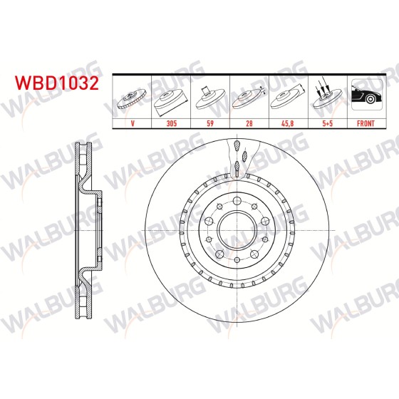 WALBURG Ön Fren Diski - Havali 5 Bjn, 6 Fiat Doblo Maxi 1.6 Mjt 2010- / Fiat Doblo Maxi 1.3 Mjt 2010- / Fiat Doblo Maxi 1.4 2010 - Kod WBD1032 - OEM 51854567 ürün görseli