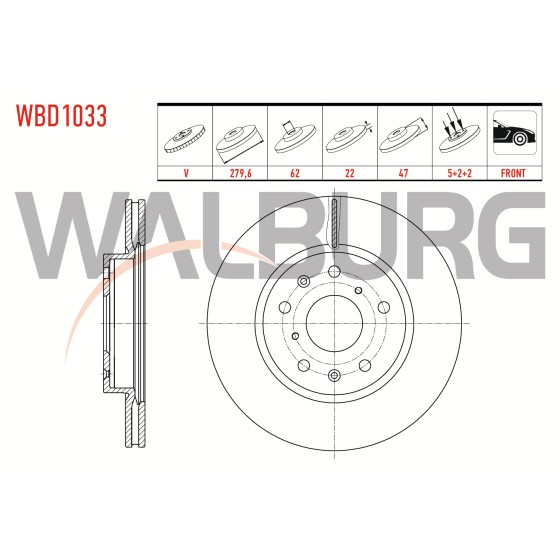 WALBURG Ön Fren Diski - Havali 5 Bjn 279, Suzuki SX4 1.6 2006-2013 / Suzuki SX4 1.5 Vvt-i 5 2006-2013 / Fiat Sedici 1.6 16V 2006 - Kod WBD1033 - OEM 55311-79J01 ürün görseli