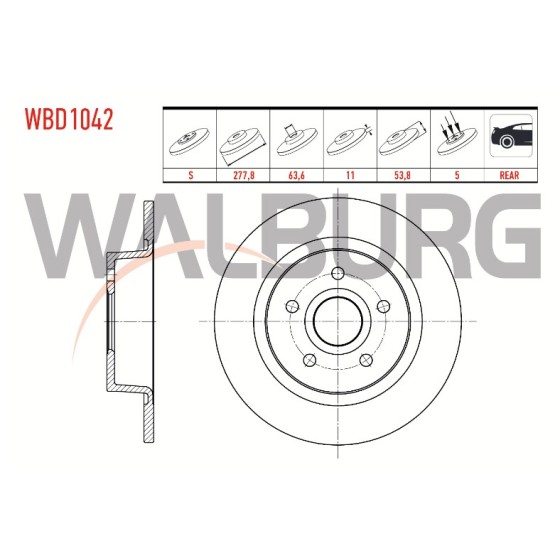 WALBURG Arka Fren Diski - Duz Ford Transit Ford Connect 1.8 TDCI 5 Bijon 277,, 7x53, 8 2002-2013 2t14 2a315 AC 2t14 2a315 BC - Kod WBD1042 - OEM 4367107 ürün görseli