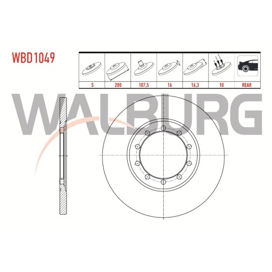 WALBURG Arka Fren Diski - Duz Ford Transit (V347) 2.2 TDCI 10 Bijon, 5x16, 3 2006-2014 6c16 2a315 AB - Kod WBD1049 - OEM 1371420 ürün görseli
