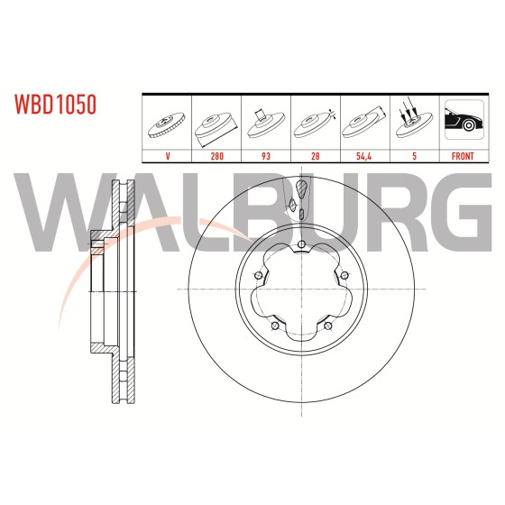 WALBURG Ön Fren Diski - Havali Ford Transit (V347) 2.2 TDCI Onden Cekis 5 Bijon, 4 2006-2014 6c11 1125 BB - Kod WBD1050 - OEM 1371394 ürün görseli