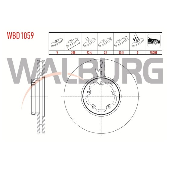WALBURG Ön Fren Diski - Havali Ford Transit Ford Custom (V362) 2.2 TDCI 5 Bijon, 4x55, 5 2012 - Kod WBD1059 - OEM 1763884 ürün görseli