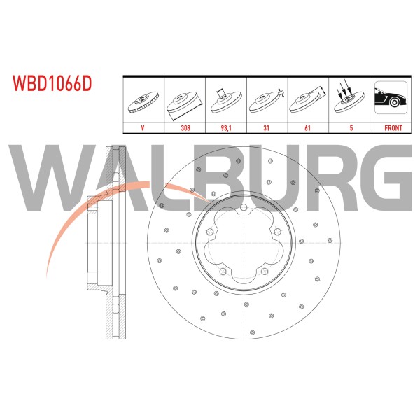 WALBURG Ön Fren Diski - Havali Performans Delikli 5 Bjn, 1x61 Ford Transit (V363) 2.2 TDCI Cift Teker 2014 - Kod WBD1066D - OEM 1812200