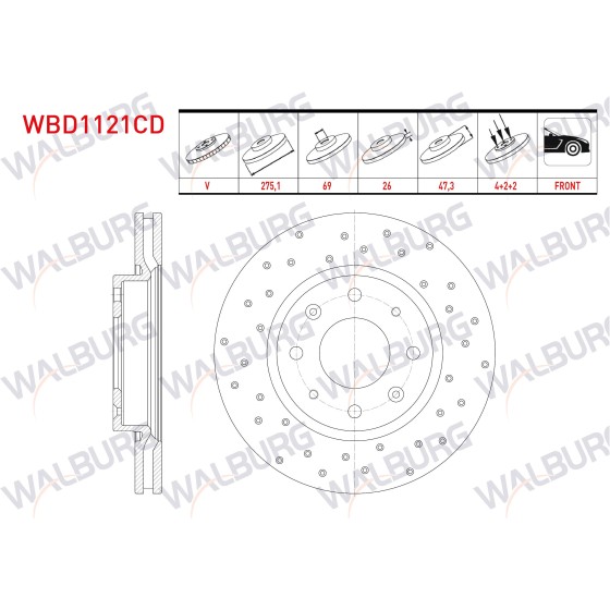 WALBURG Ön Fren Diski - Havali Kaplamali Performans Delikli 4 Bjn 275,, 3 Kia Cerato (LD) 1.5 CRDI 2004-2012 / Kia Cerato (LD) 1.6i 2004-2012 - Kod WBD1121CD - OEM 51712-2F100 ürün görseli