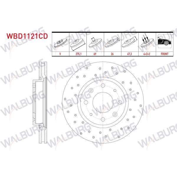 WALBURG Ön Fren Diski - Havali Kaplamali Performans Delikli 4 Bjn 275,, 3 Kia Cerato (LD) 1.5 CRDI 2004-2012 / Kia Cerato (LD) 1.6i 2004-2012 - Kod WBD1121CD - OEM 51712-2F100