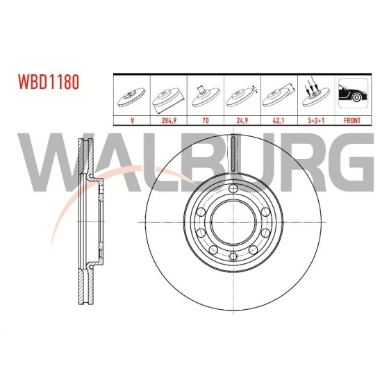 WALBURG Ön Fren Diski - Havali Opel Vectra C 1.6 16V 5 Bijon 284, 7x24,, 1 2002-2008 - Kod WBD1180 - OEM 46836491 ürün görseli