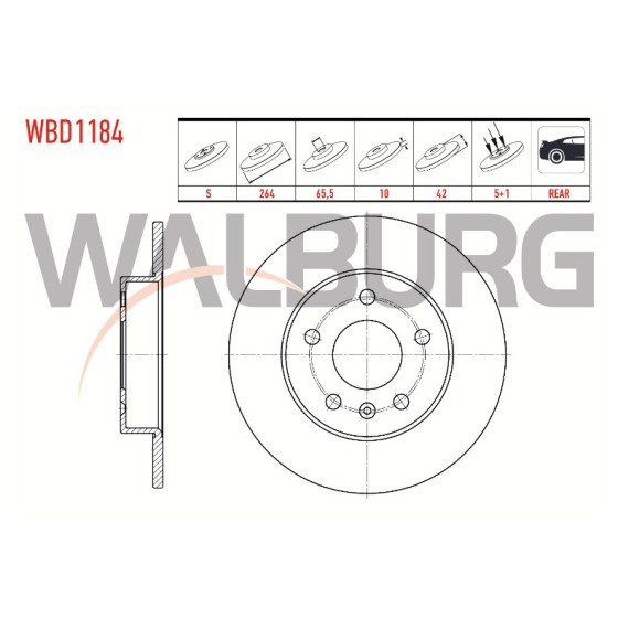 WALBURG Arka Fren Diski - Duz Opel Astra G (F69) 1.8 16V 5 Bijon, 5x42 1998-2005 - Kod WBD1184 - OEM 569109 ürün görseli