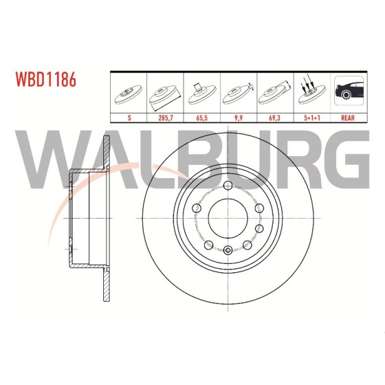 WALBURG Arka Fren Diski - Duz Opel Vectra B 2.0i 5 Bijon 285, 7x9, 9x65, 5x69, 3 1995-2003 - Kod WBD1186 - OEM 90512910 ürün görseli
