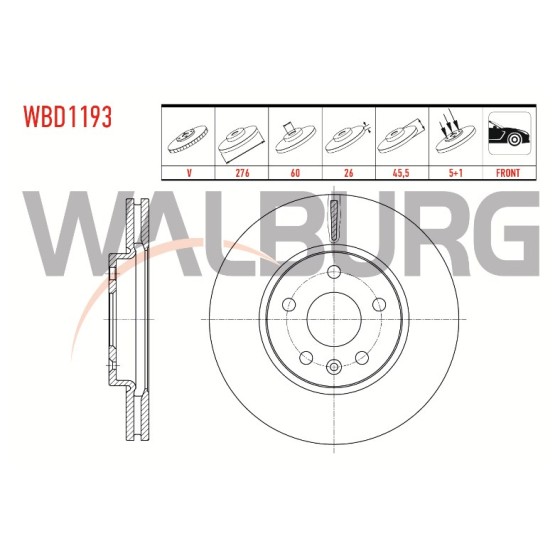 WALBURG Ön Fren Diski - Havali Opel Astra J 1.3 CDTI 5 Bijon, 5 2009-2016 - Kod WBD1193 - OEM 13502045 ürün görseli