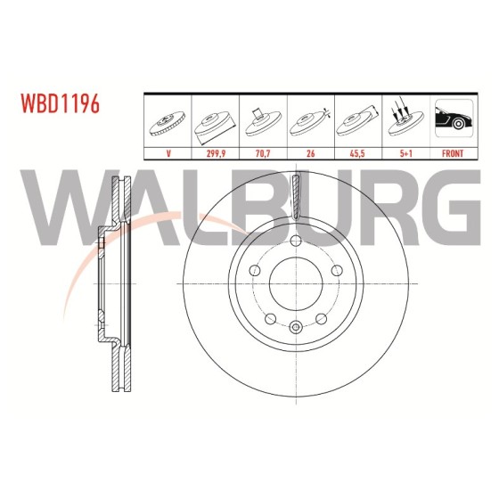 WALBURG Ön Fren Diski - Havali Opel Astra J 1.3 CDTI 5 Bijon 299,, 7x45, 5 2009-2016 - Kod WBD1196 - OEM 13502052 ürün görseli