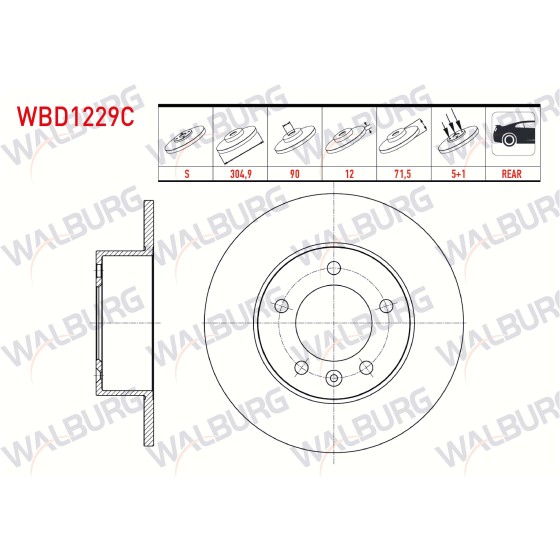 WALBURG Arka Fren Diski - Duz Kaplamali 5 Bjn (Bjn Delik Cap 15, 5mm) 304,, 5 Renault Master Iii (FV) 2.3 DCI 2010 - Kod WBD1229C - OEM 432009822R ürün görseli