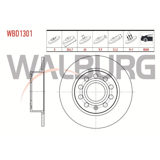 WALBURG Arka Fren Diski - Duz Volkswagen Golf V (1k1) 1.4 TSI 5 Bijon 253x9,, 2 2003-2009 - Kod WBD1301 - OEM 1K0615601K ürün görseli