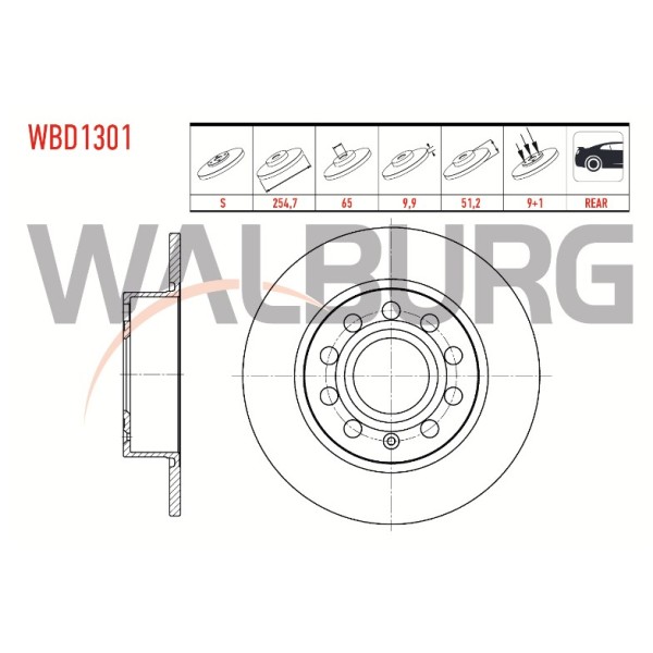 WALBURG Arka Fren Diski - Duz Volkswagen Golf V (1k1) 1.4 TSI 5 Bijon 253x9,, 2 2003-2009 - Kod WBD1301 - OEM 1K0615601K