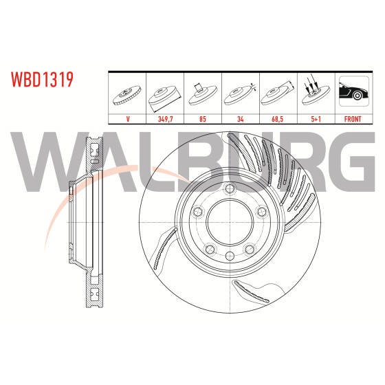 WALBURG Ön Sol Fren Diski - Havali 5 Bjn 18 Jant 349,, 5 Volkswagen Touareg 2.5 R5 Audi Tdi-3.2i-4.2 V8-5.0 V10 Audi Tdi-3.0 V6 Audi TDI 2002-2010 / Porsche Cayenne 3 - Kod WBD1319 - OEM 7L6615301E ürün görseli