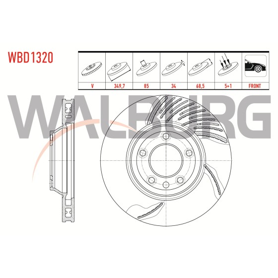 WALBURG Ön Sağ Fren Diski - Havali 5 Bjn 18 Jant 349,, 5 Volkswagen Touareg 2.5 R5 Audi Tdi-3.2i-4.2 V8-5.0 V10 Audi Tdi-3.0 V6 Audi TDI 2002-2010 / Porsche Cayenne 3 - Kod WBD1320 - OEM 7L6615302E ürün görseli