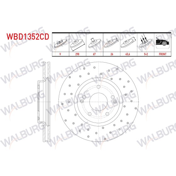WALBURG Ön Fren Diski - Havali Kaplamali Performans Delikli 5 Bjn, 6 Ssangyong Actyon I 2.0i Xdi 2005-2012 / Actyon II 2.0 Xdi 2011- / Korando 2.0 - Kod WBD1352CD - OEM 41441-34000 ürün görseli