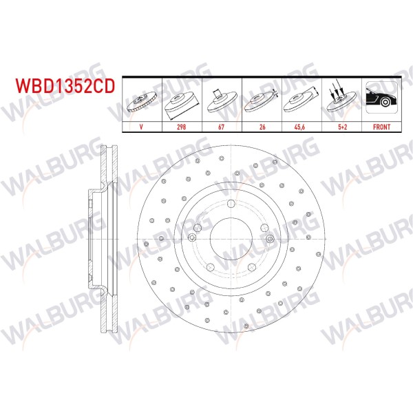 WALBURG Ön Fren Diski - Havali Kaplamali Performans Delikli 5 Bjn, 6 Ssangyong Actyon I 2.0i Xdi 2005-2012 / Actyon II 2.0 Xdi 2011- / Korando 2.0 - Kod WBD1352CD - OEM 41441-34000