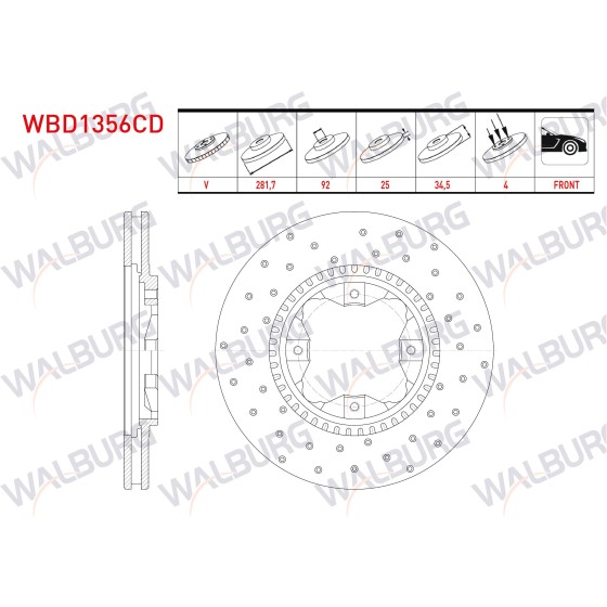 WALBURG Ön Fren Diski - Havali Kaplamali Performans Delikli 4 Bjn 281,, 04x34, 5 Honda Accord IV (CB) 2.0i 16V 1990-1993 / Honda Accord IV (CB) 2.2i 16V - OEM WBD1356CD ürün görseli