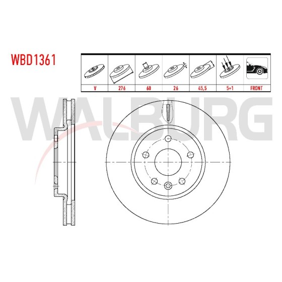 WALBURG Ön Fren Diski - Havali Opel Astra K 1.6 CDTI 5 Bijon 15 Jant, 50 2015 - Kod WBD1361 - OEM 13597460 ürün görseli