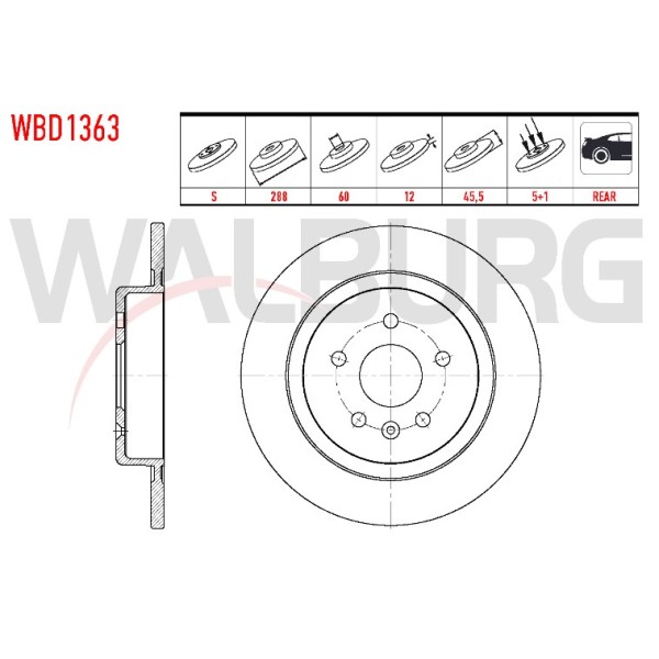 WALBURG Arka Fren Diski - Duz Opel Astra K 1.6 CDTI 5 Bijon 16 Jant, 50 2015 - Kod WBD1363 - OEM 13509120