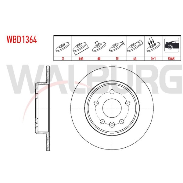 WALBURG Arka Fren Diski - Duz Opel Astra K 1.6 CDTI 5 Bijon 15 Jant 2015 - Kod WBD1364 - OEM 13509119