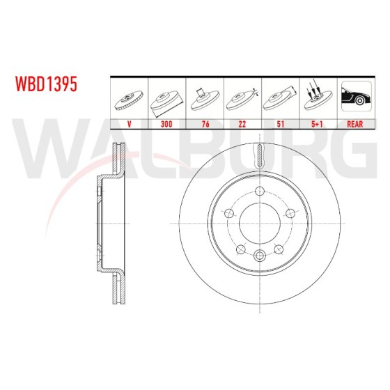 WALBURG Arka Fren Diski - Havali 5 Bijon Volkswagen Amarok 3.0 Audi TDI V6 2017- / Volkswagen Amarok 2.0 Audi TDI 2010- / Volkswagen Amarok 2.0 Bitdi 2010- / Crafter 50 2.0 Audi TDI 2018 - Kod WBD1395 - OEM 2N0615601 ürün görseli