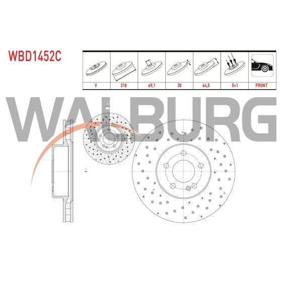 WALBURG Ön Fren Diski - Havali Kaplamali Performans Delikli 5 Bjn, 1x64, 5 Mercedes-benz C 180 (W205) - C 180 Amg (W205) 14- / C 200 Bluetec - C 200 Amg Bluet - Kod WBD1452C - OEM A0004212112 ürün görseli