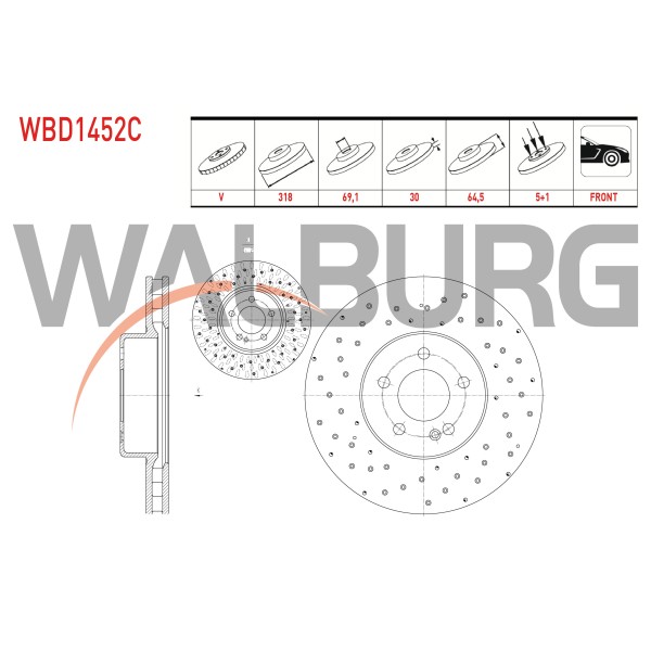 WALBURG Ön Fren Diski - Havali Kaplamali Performans Delikli 5 Bjn, 1x64, 5 Mercedes-benz C 180 (W205) - C 180 Amg (W205) 14- / C 200 Bluetec - C 200 Amg Bluet - Kod WBD1452C - OEM A0004212112