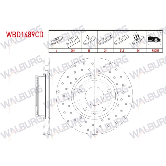 WALBURG Ön Fren Diski - Havali Kaplamali Performans Delikli 5 Bjn, 5 Mazda 3 (BM) 1.5 Skyactive-d - 1.5 Skyactive-g 2013- / Cx-3 (DK) 1.5 Skyactive - Kod WBD1489CD - OEM B45A-33-251A ürün görseli