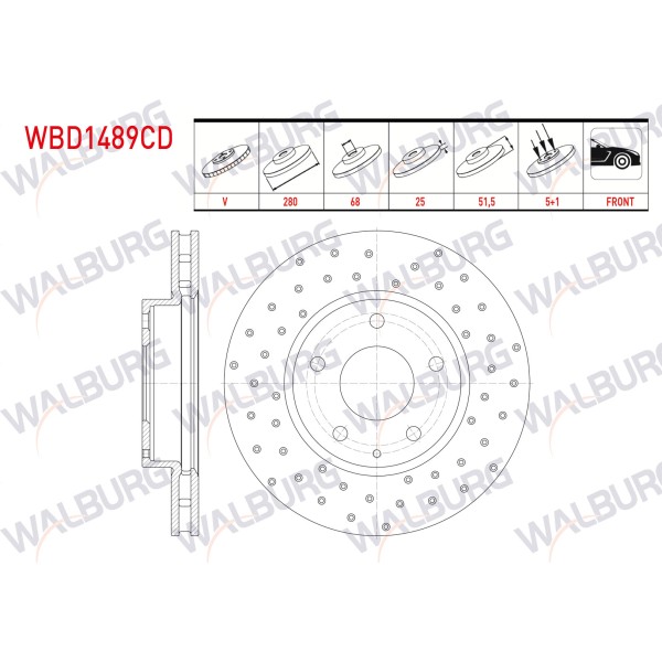 WALBURG Ön Fren Diski - Havali Kaplamali Performans Delikli 5 Bjn, 5 Mazda 3 (BM) 1.5 Skyactive-d - 1.5 Skyactive-g 2013- / Cx-3 (DK) 1.5 Skyactive - Kod WBD1489CD - OEM B45A-33-251A
