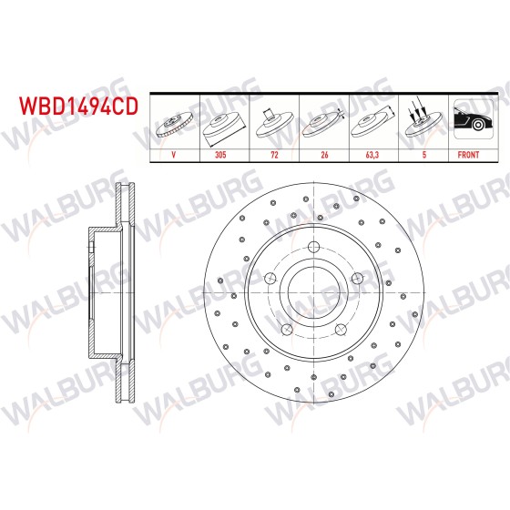 WALBURG Ön Fren Diski - Havali Kaplamali Performans Delikli 5 Bjn, 3 Jeep Grand Jeep Cherokee II (WJ, WG) 2.7 CRDI - 3.1 TD - 4.0 - 4.7 V8 1998-2005 - Kod WBD1494CD - OEM 52098672 ürün görseli