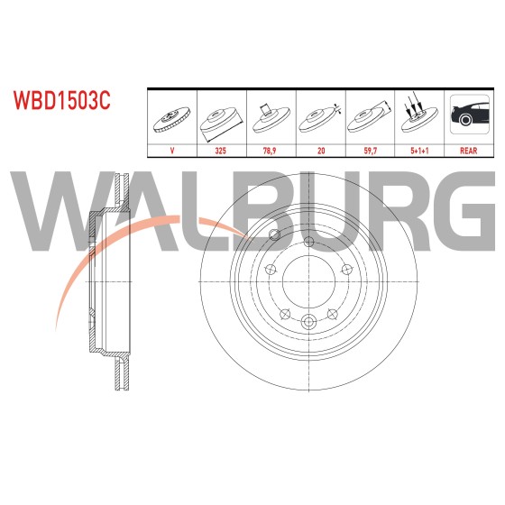 WALBURG Arka Fren Diski - Havali Kaplamali Land Rover Discovery Iii (Taa) 2.7 V6 Audi TDI 5 Bijon, 9x59, 7 2004-2010 - Kod WBD1503C - OEM SDB500150 ürün görseli
